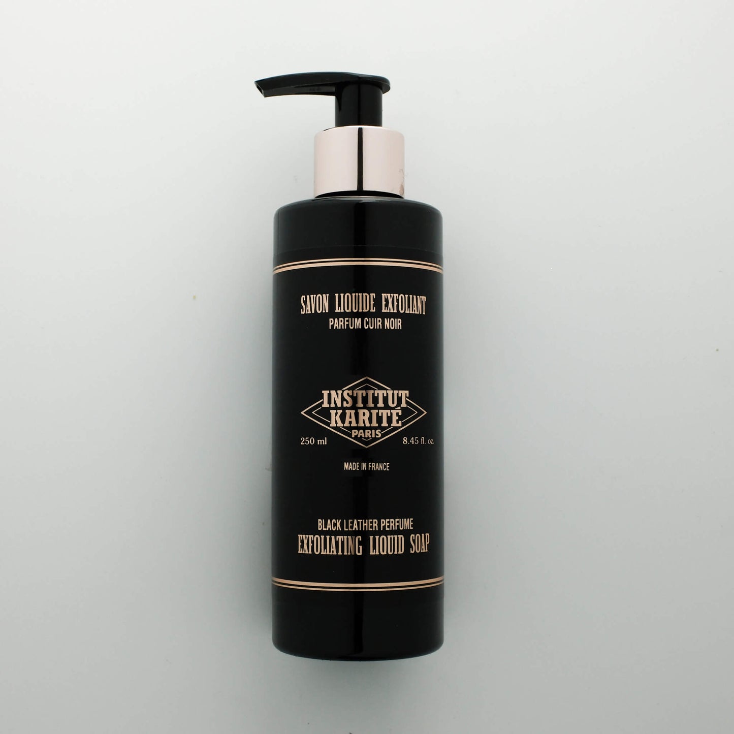 Front view of 250mL Black Leather Exfoliating Liquid Soap bottle by Institut Karité Paris