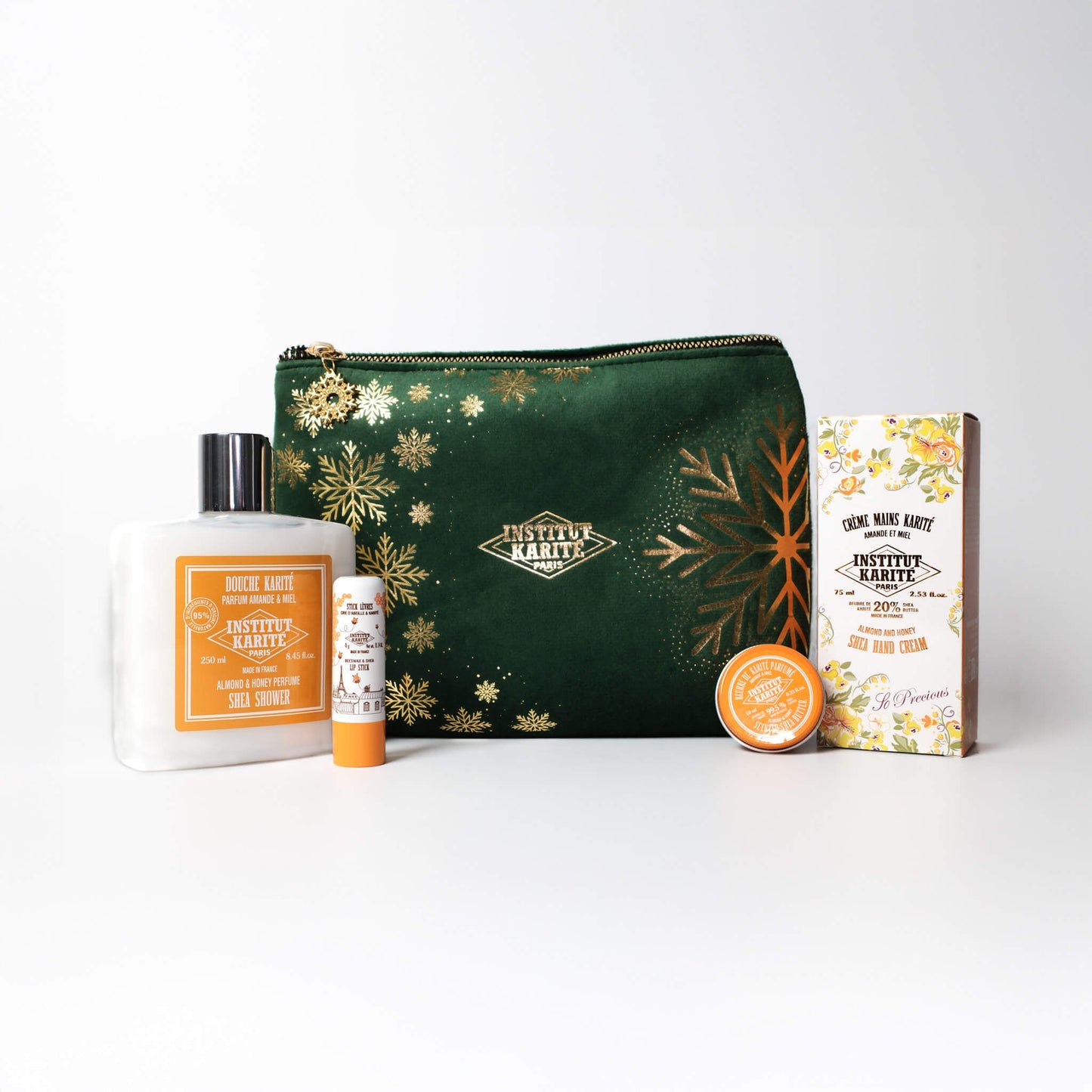 Front view of Almond & Honey Christmas Shower Set with Packaging by Institut Karité Paris