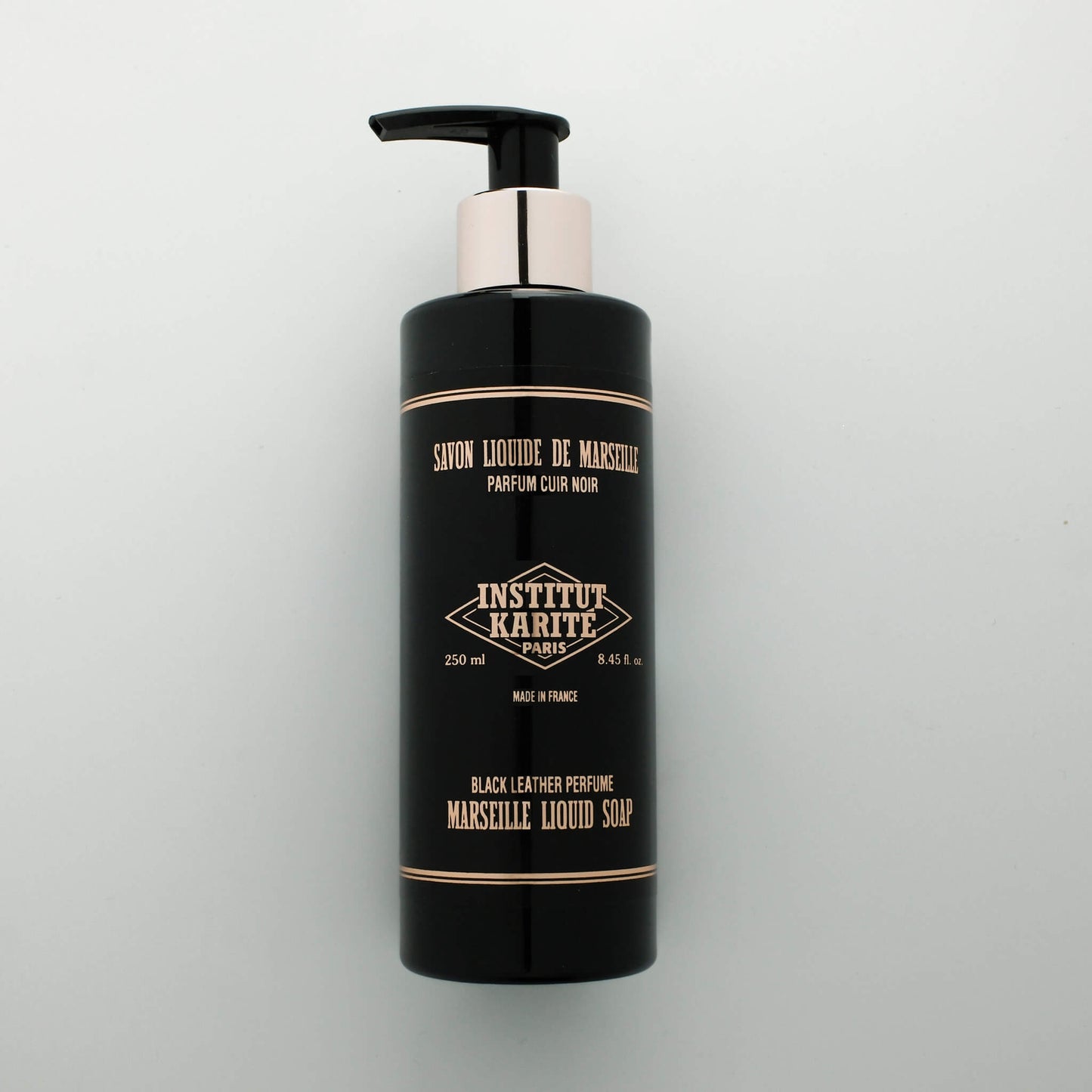 Front view of 250mL Black Leather Marseille Liquid Soap bottle by Institut Karité Paris