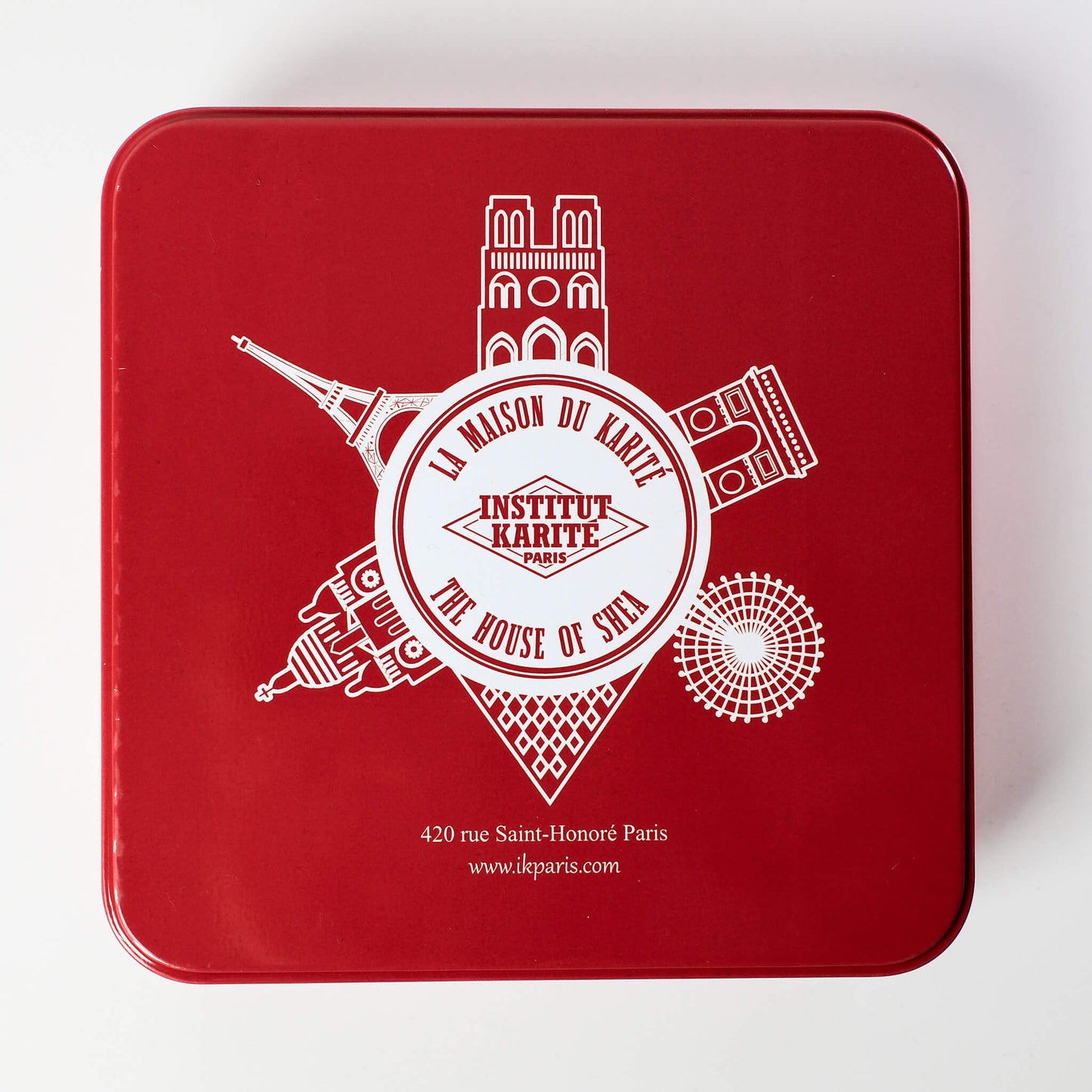 Front view of IKP Monuments Tin Box by Institut Karité Paris