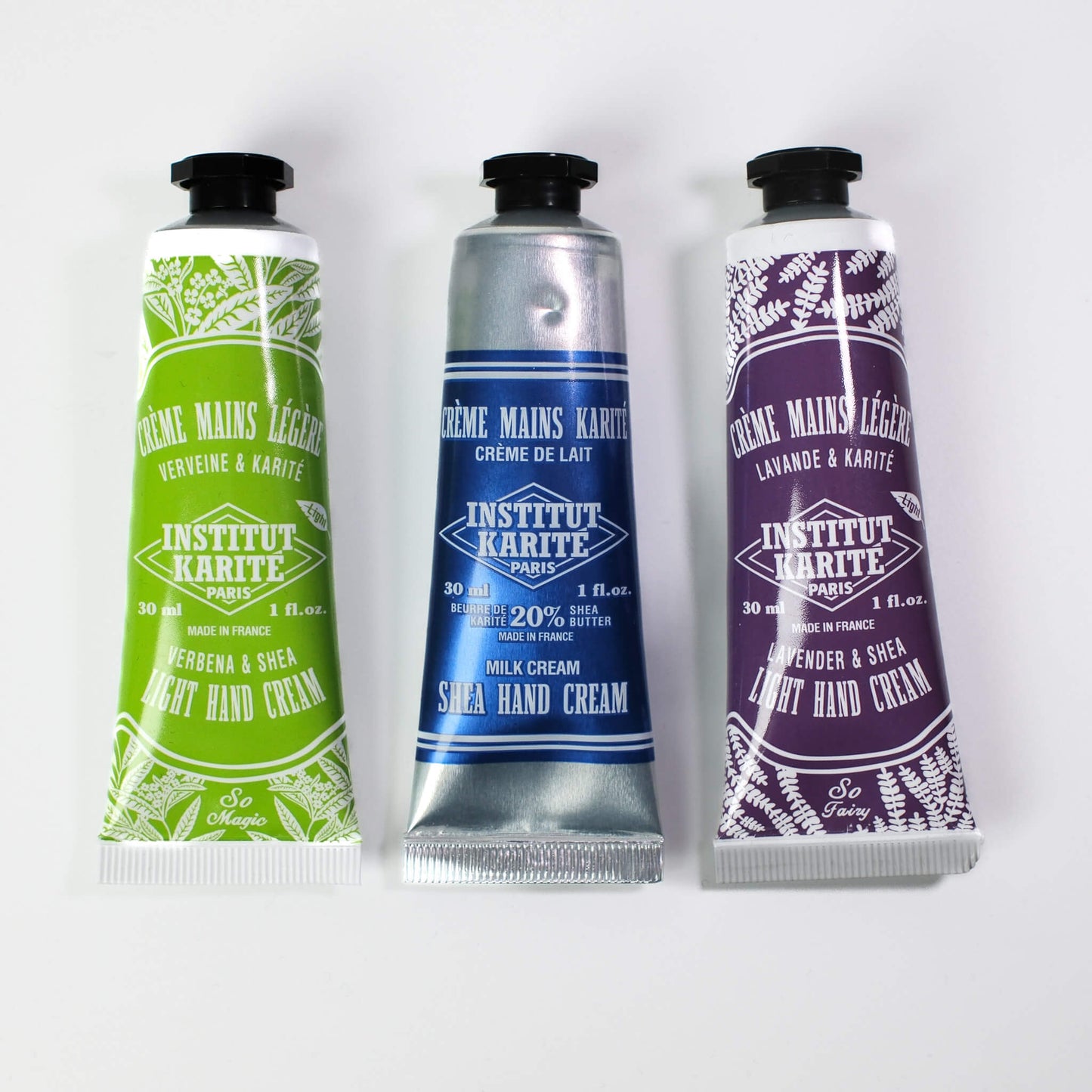 Front view of Milk Cream, Lavender and Verbena Hand Cream Trio by Institut Karité Paris