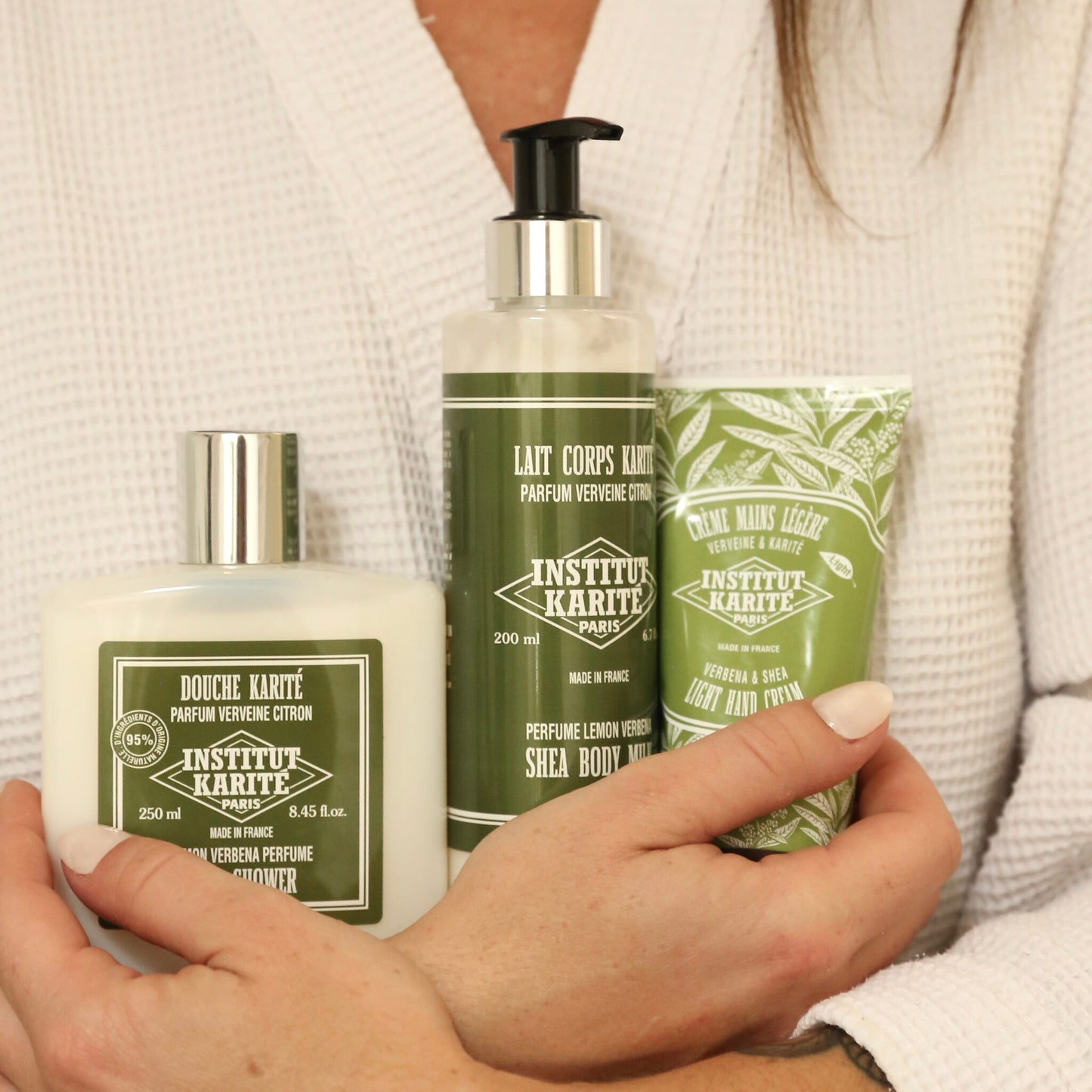 Lemon Verbena Shea Shower, Body Milk and Light Hand Cream held together