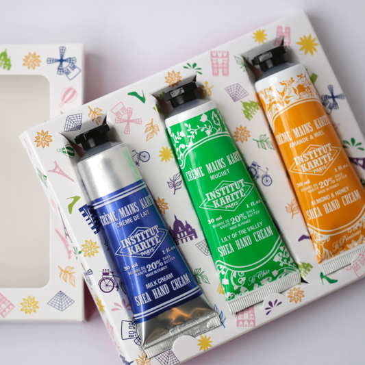 Trio Crèmes Mains Karité · Crème de Lait, Amande & Miel & Muguet