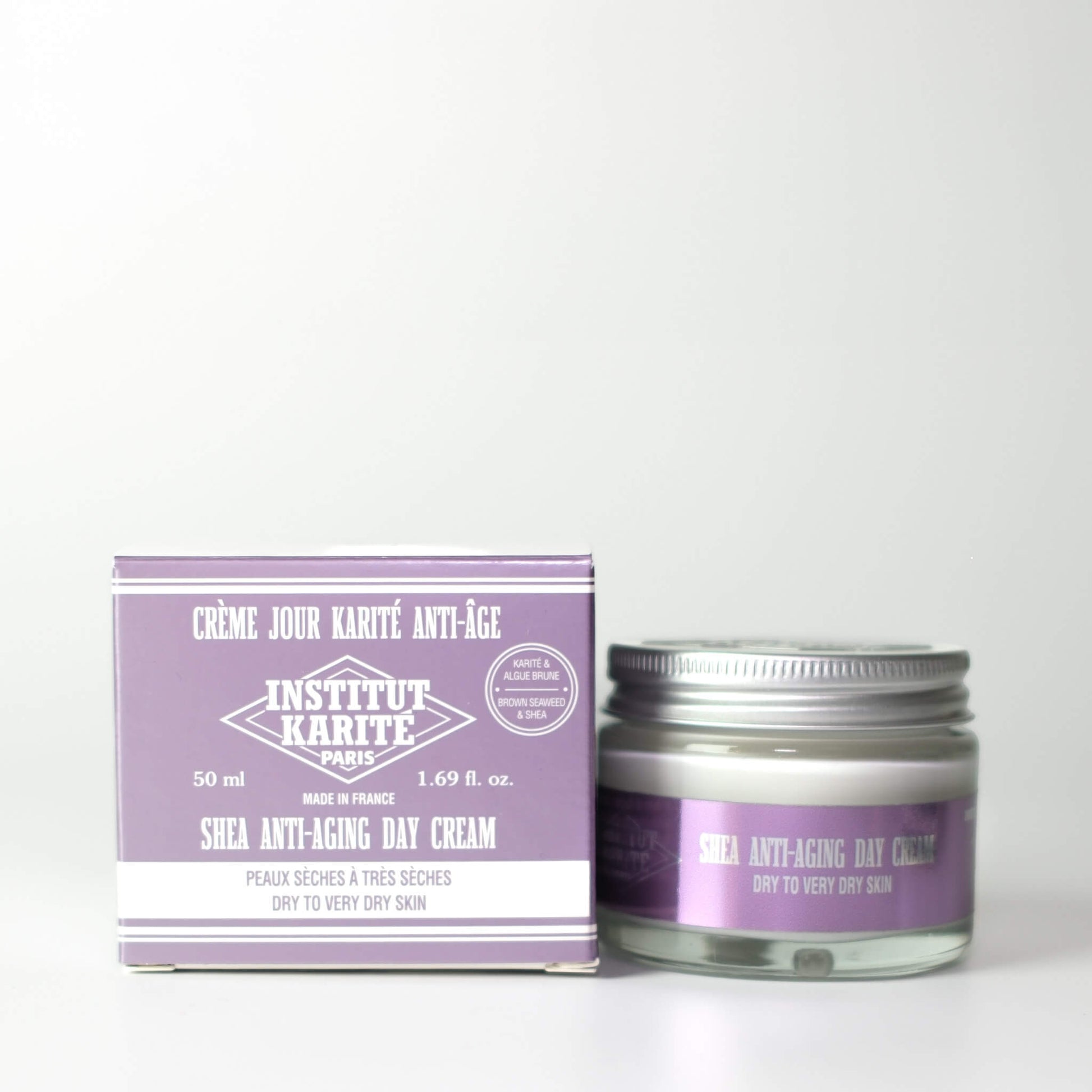Packaging with Front view with English of 50mL Shea Anti-Aging Day Cream by Institut Karité Paris