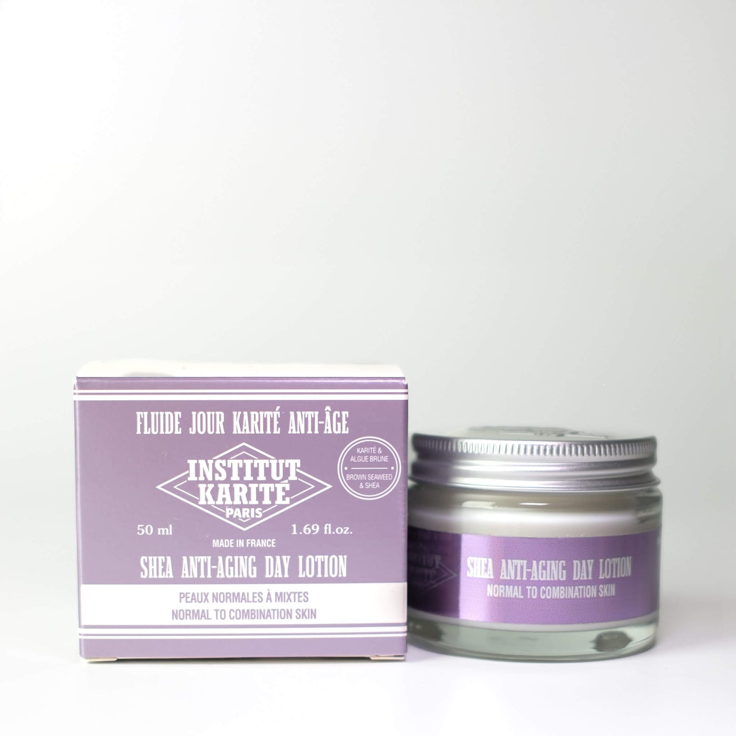 Packaging with Front view with English of 50mL Shea Anti-Aging Day Lotion by Institut Karité Paris