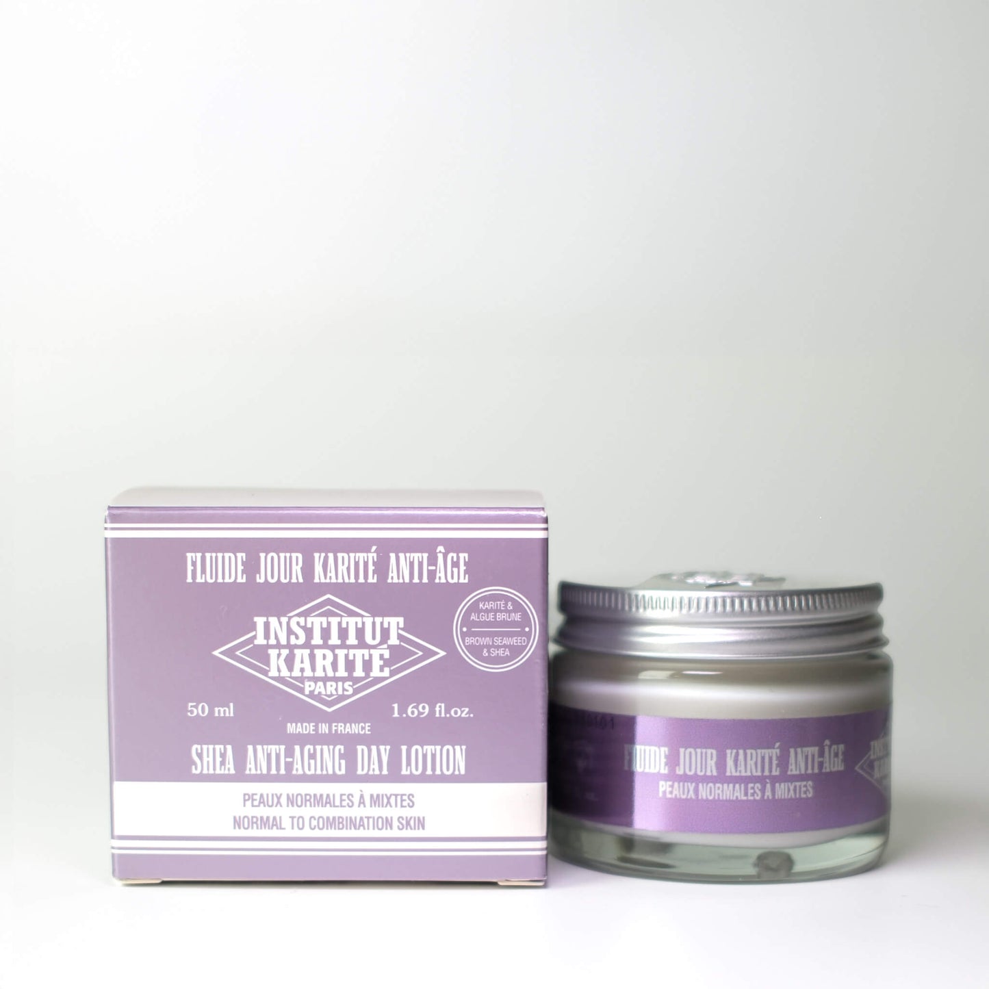 Packaging with Front view with French of 50mL Shea Anti-Aging Day Lotion by Institut Karité Paris