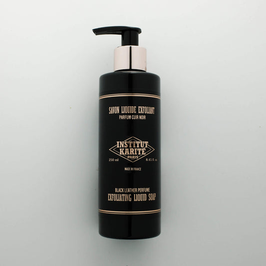 Front view of 250mL Black Leather Exfoliating Liquid Soap bottle by Institut Karité Paris