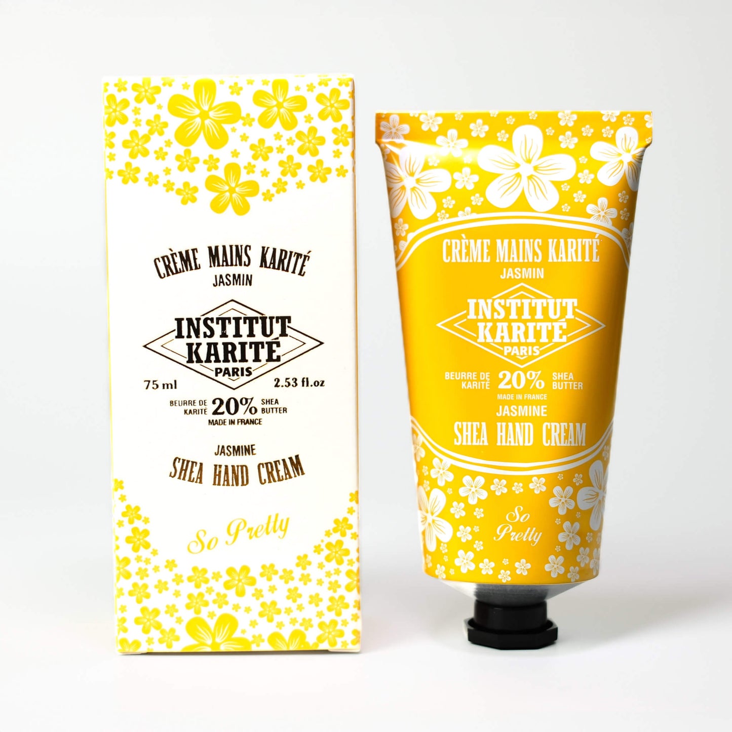 Front view of 75mL Jasmine Shea Hand Cream with packaging by Institut Karité Paris