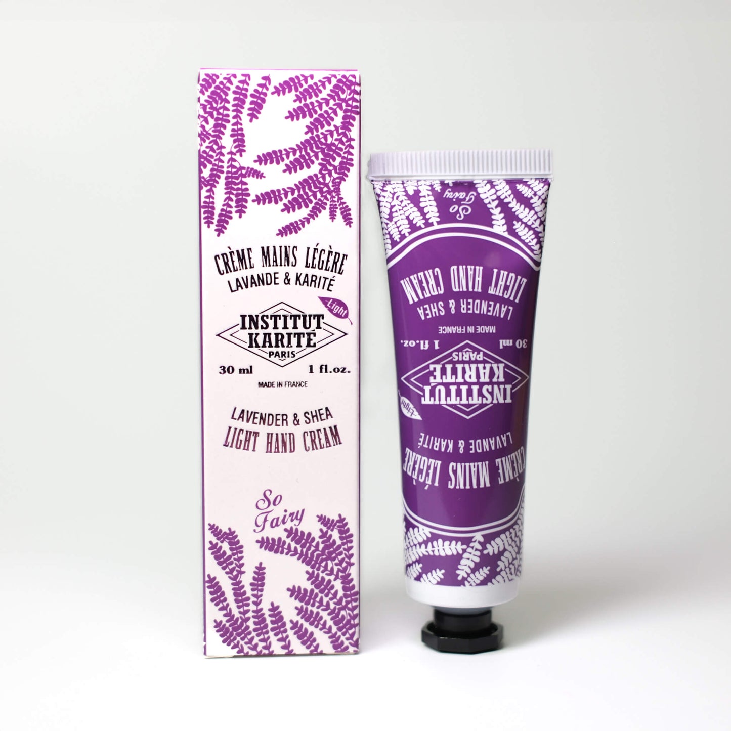 Front view of 30mL Lavender Shea Light Hand Cream with packaging by Institut Karité Paris
