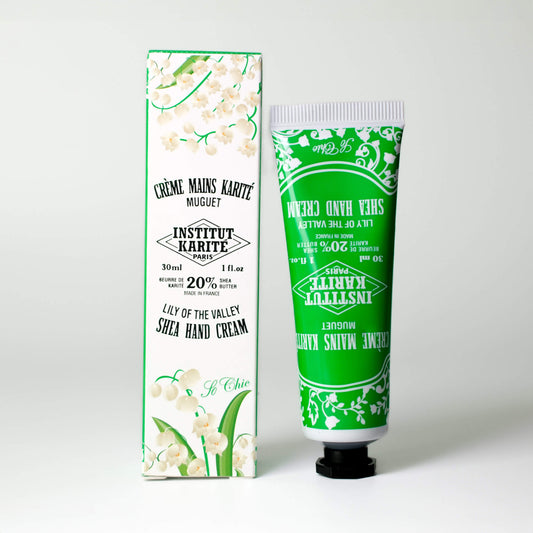 Front view of 30mL Lily of the Valley Shea Hand Cream with packaging by Institut Karité Paris