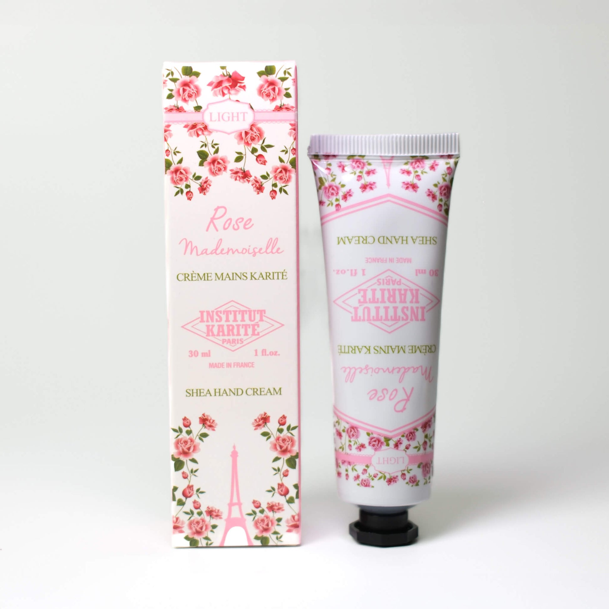 Front view of 30mL Rose Mademoiselle Shea Light Hand Cream with packaging by Institut Karité Paris