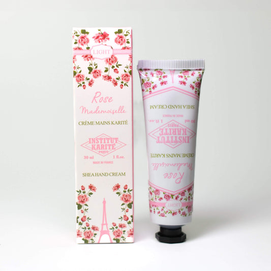 Front view of 30mL Rose Mademoiselle Shea Light Hand Cream with packaging by Institut Karité Paris