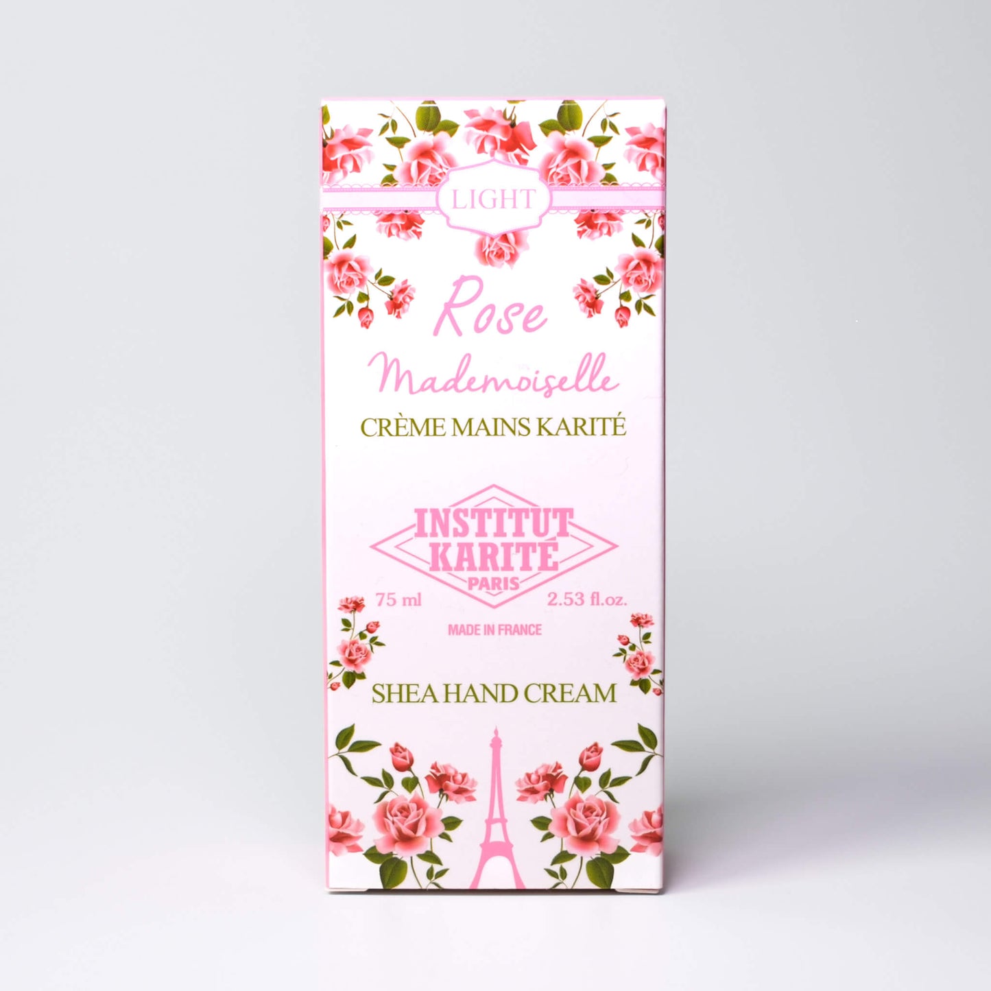 Packaging of 75mL Rose Mademoiselle Shea Light Hand Cream by Institut Karité Paris