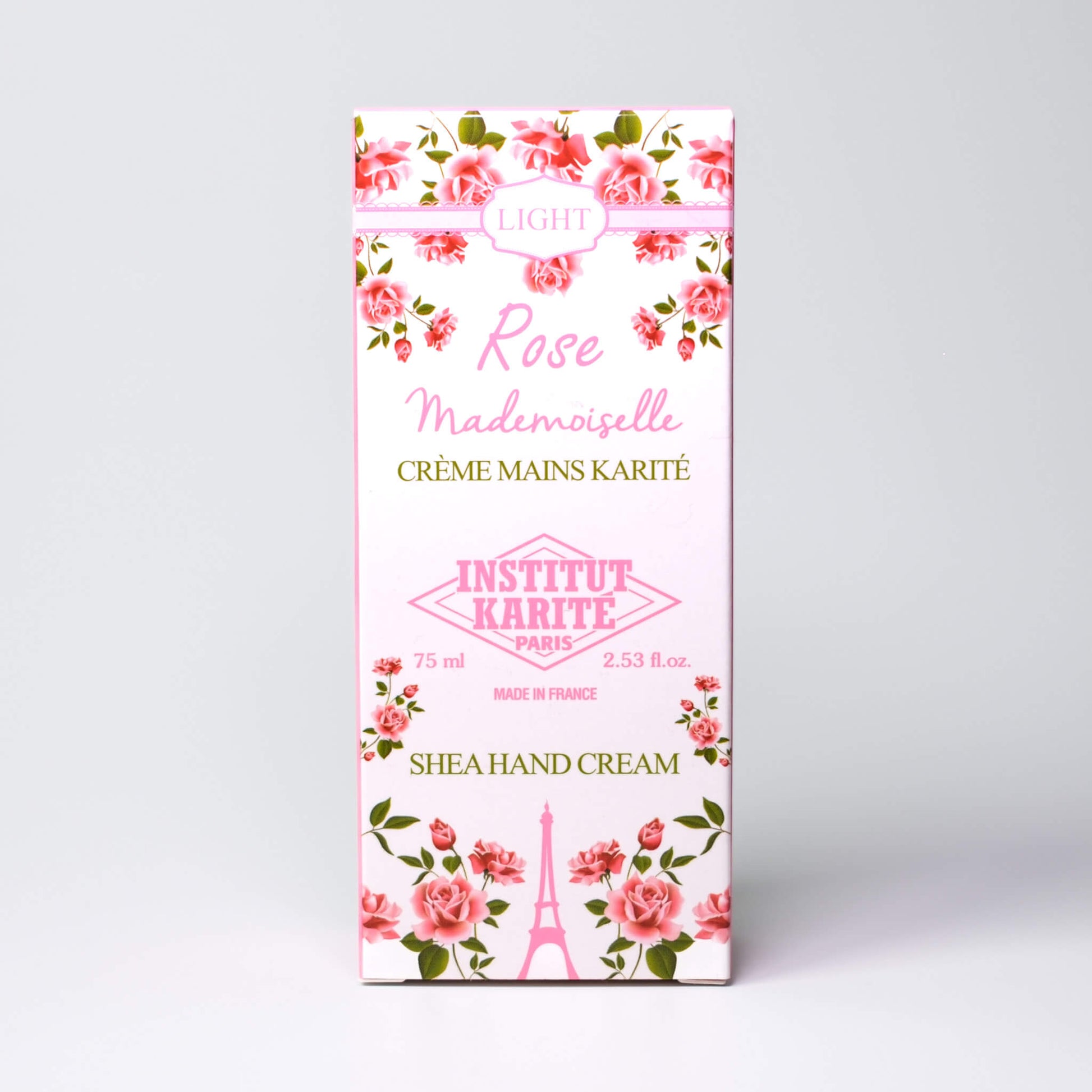 Packaging of 75mL Rose Mademoiselle Shea Light Hand Cream by Institut Karité Paris