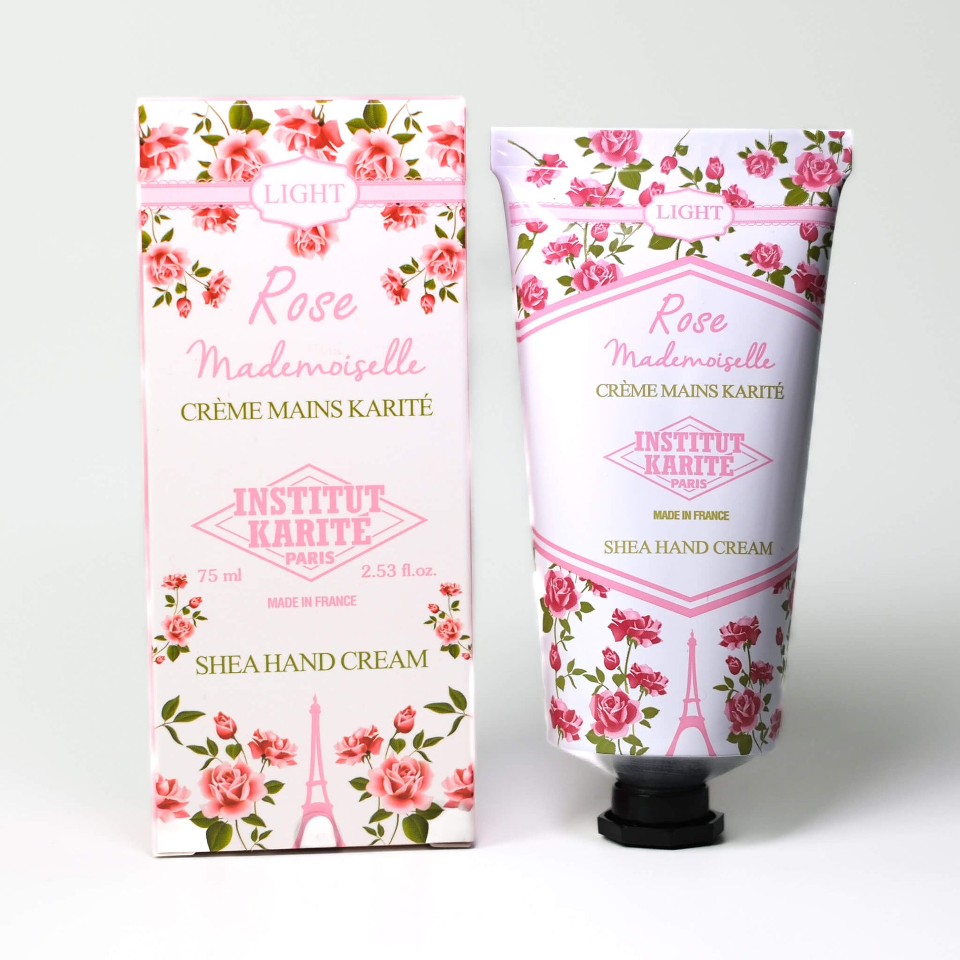 Front view of 75mL Rose Mademoiselle Shea Light Hand Cream with packaging by Institut Karité Paris