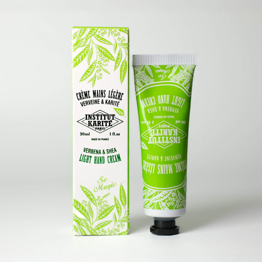 Front view of 30mL Verbena Shea Light Hand Cream with packaging by Institut Karité Paris