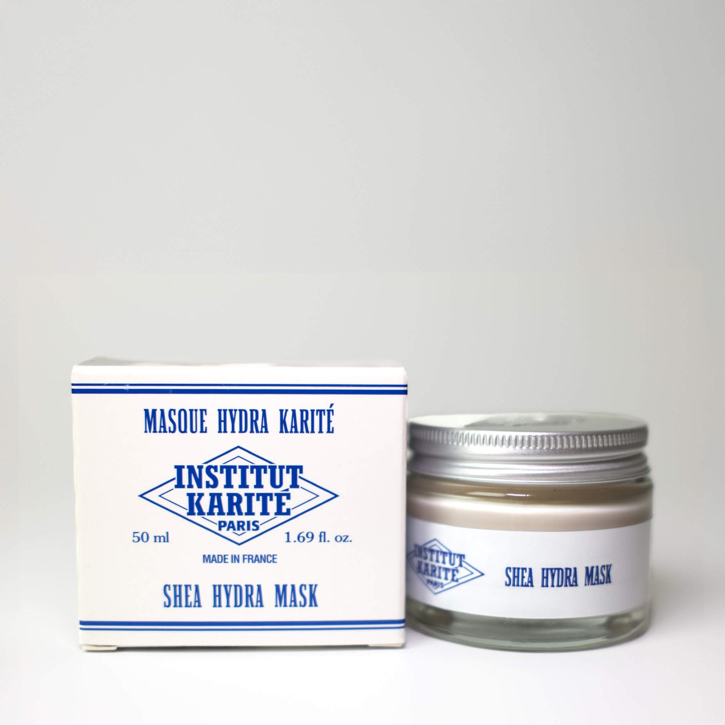 Front view with English of 50mL Shea Hydra Mask with packaging by Institut Karité Paris
