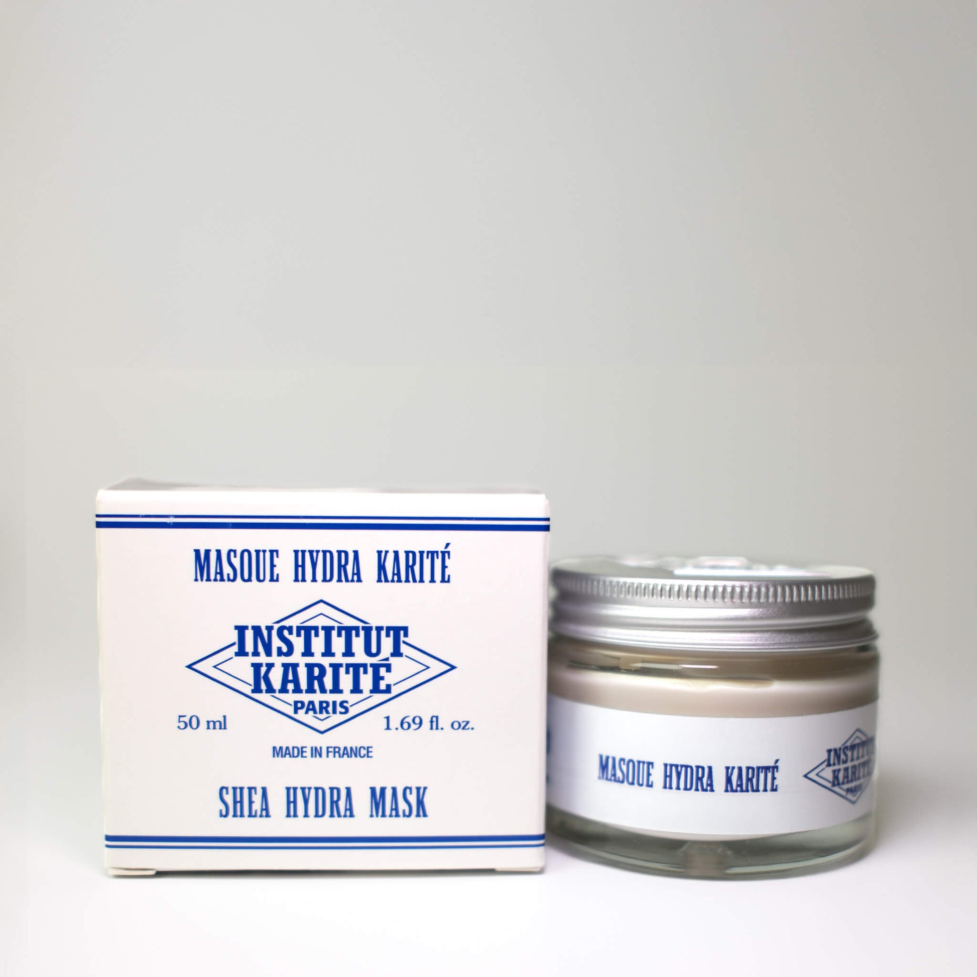 Front view with French of 50mL Shea Hydra Mask with packaging by Institut Karité Paris