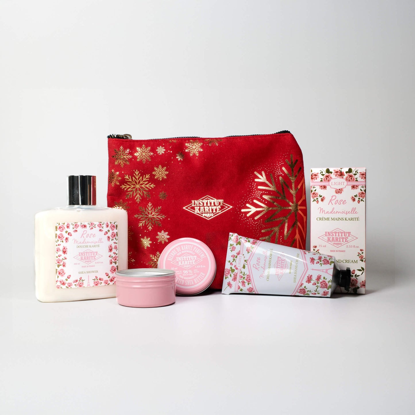 Front view of Rose Christmas Indulgence Set with Packaging by Institut Karité Paris