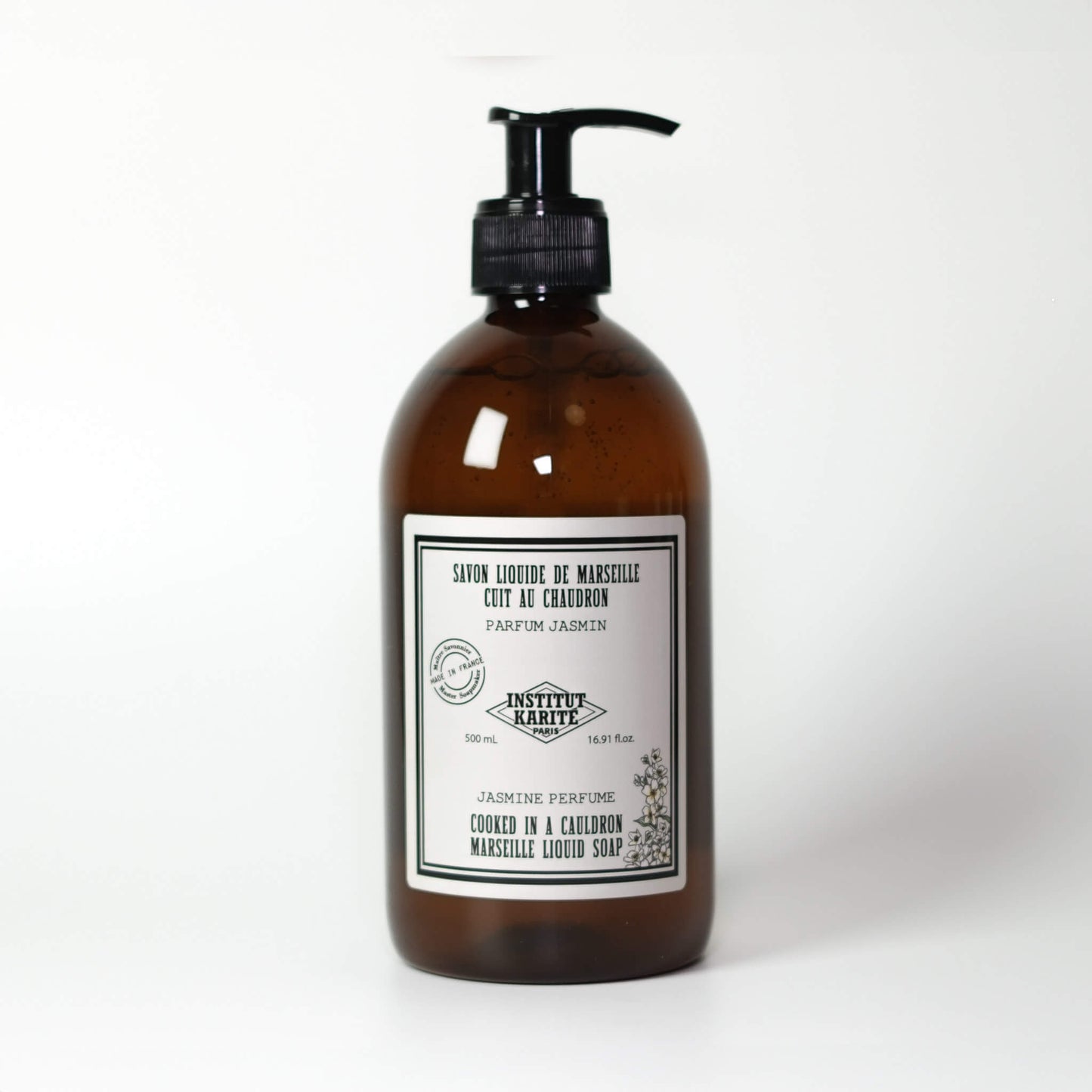 Front view of 500mL Jasmine Marseille Liquid Soap bottle by Institut Karité Paris