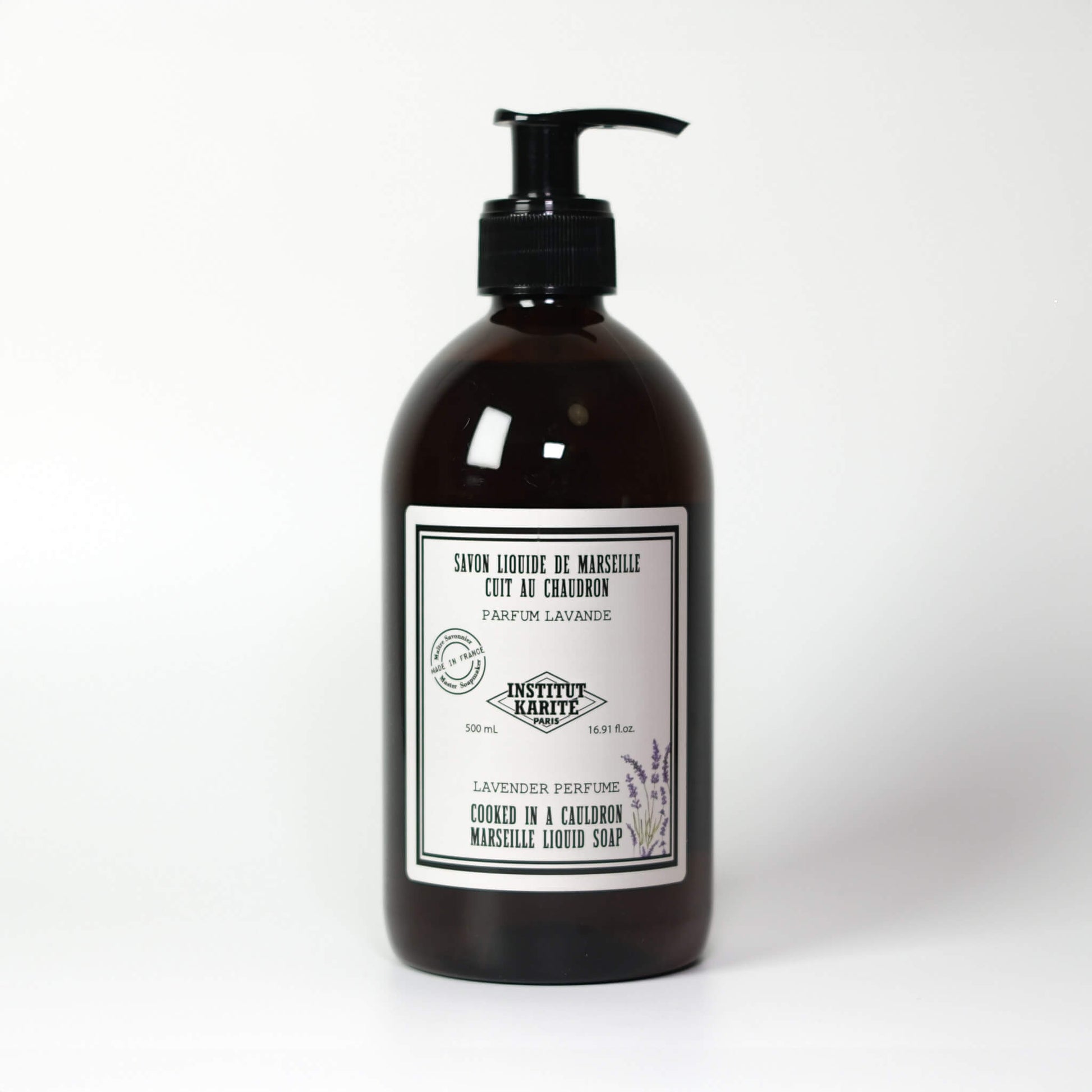 Front view of 500mL Lavender Marseille Liquid Soap bottle by Institut Karité Paris