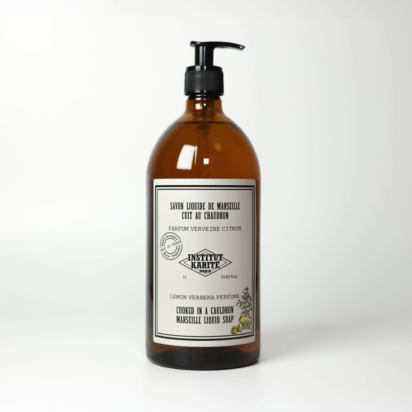 Front view of 1L Lemon Verbena Marseille Liquid Soap bottle by Institut Karité Paris