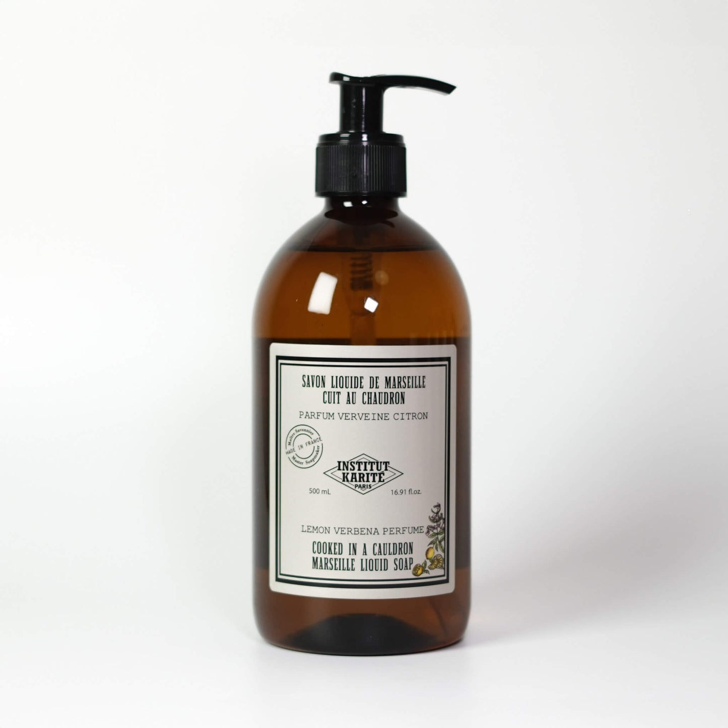 Front view of 500mL Lemon Verbena Marseille Liquid Soap bottle by Institut Karité Paris