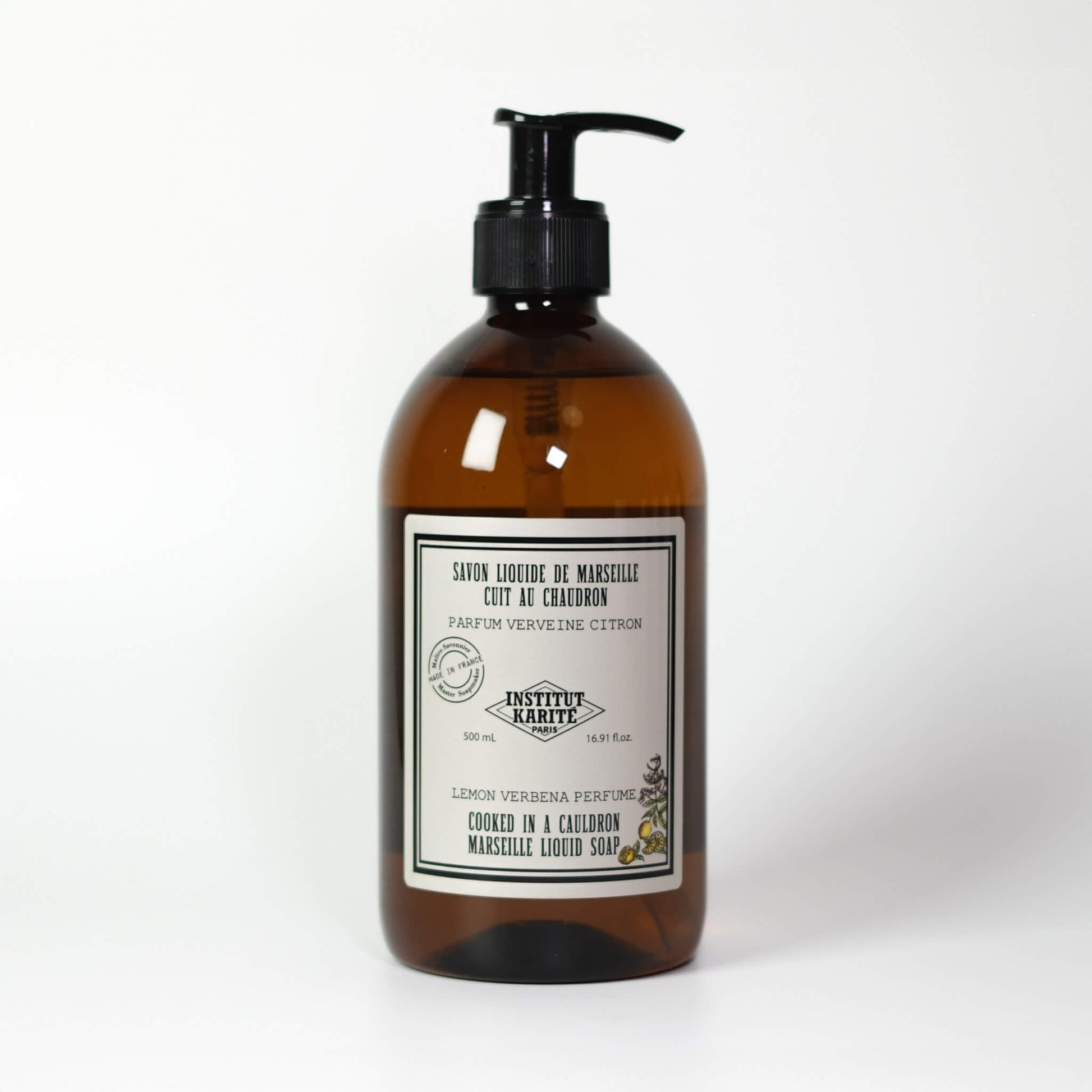 Front view of 500mL Lemon Verbena Marseille Liquid Soap bottle by Institut Karité Paris