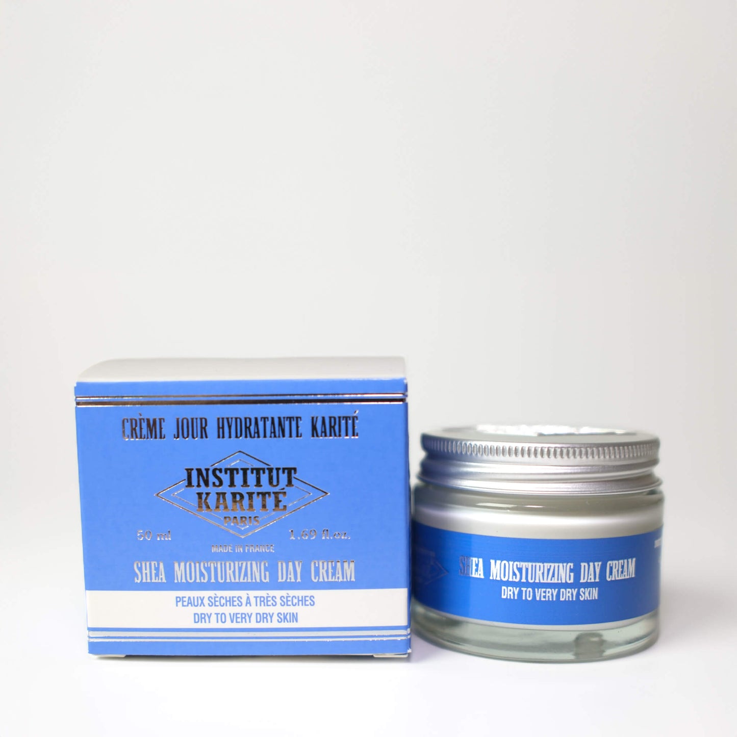 Front view with English of 50mL Shea Moisturising Day Cream with packaging by Institut Karité Paris