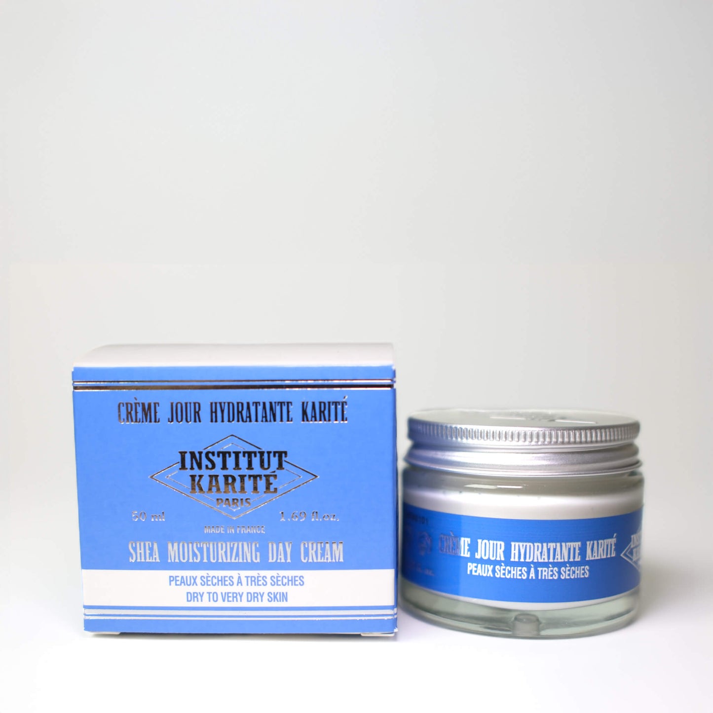 Front view with French of 50mL Shea Moisturising Day Cream with packaging by Institut Karité Paris
