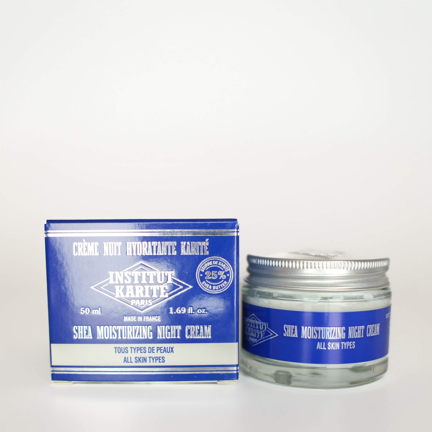 Front view with English of 50mL Shea Moisturising Night Cream with packaging by Institut Karité Paris