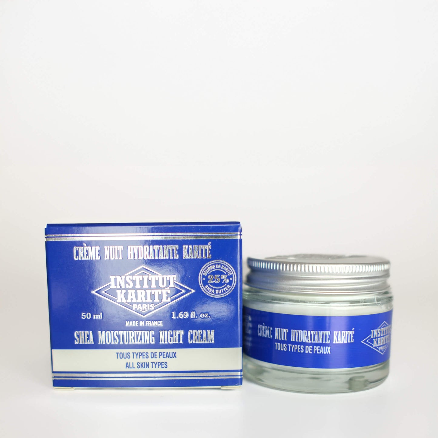 Front view with French of 50mL Shea Moisturising Night Cream with packaging by Institut Karité Paris