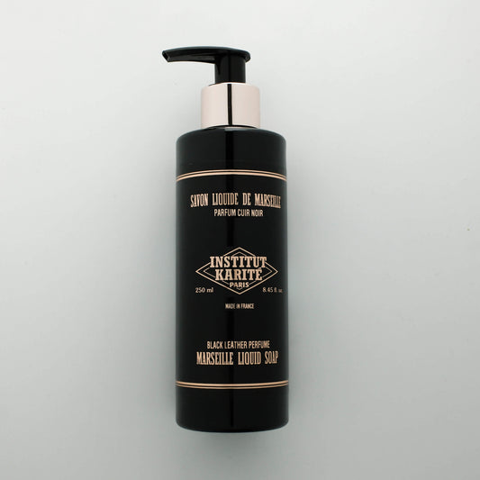 Front view of 250mL Black Leather Marseille Liquid Soap bottle by Institut Karité Paris
