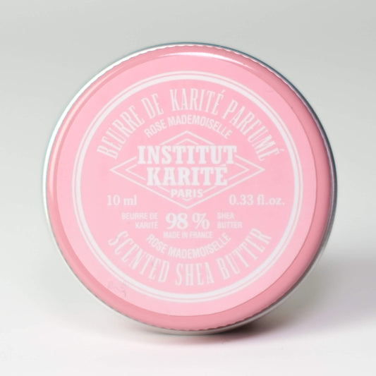 Front view of 10mL Rose Mademoiselle Scented Shea Butter tin by Institut Karité Paris