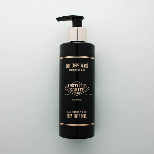 Front view of 250mL Black Leather Shea Body Milk by Institut Karité Paris