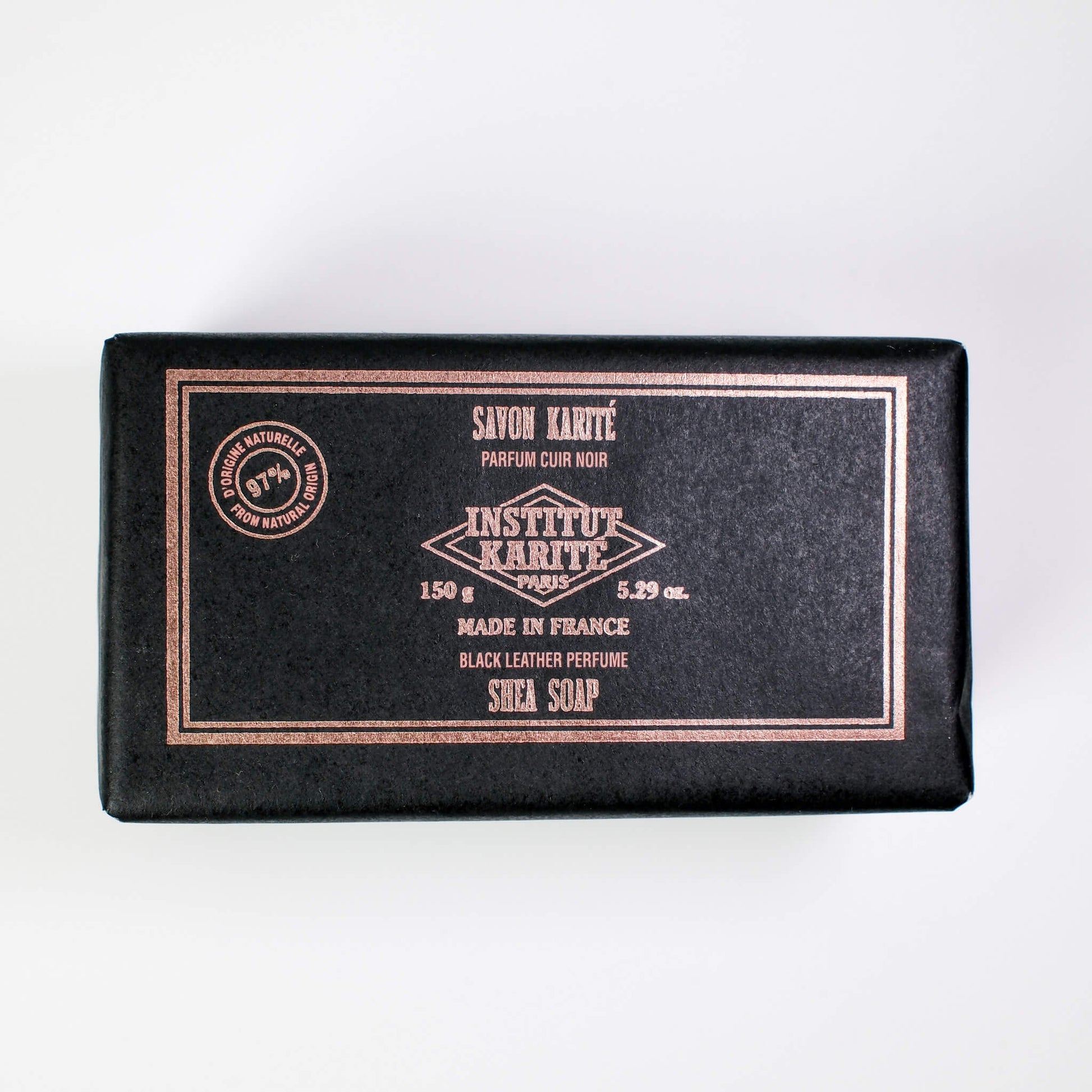Front view of 150g Black Leather Shea Soap by Institut Karité Paris