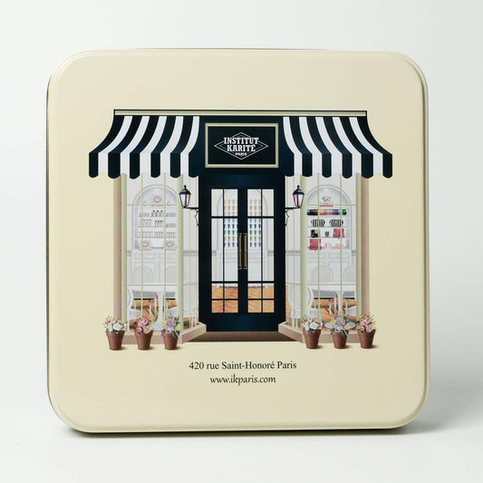 Front view of IKP Shop Tin Box by Institut Karité Paris