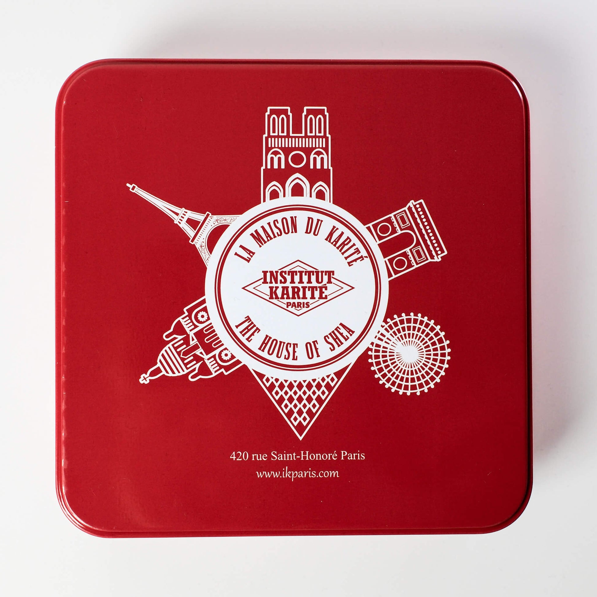 Front view of IKP Monuments Tin Box by Institut Karité Paris