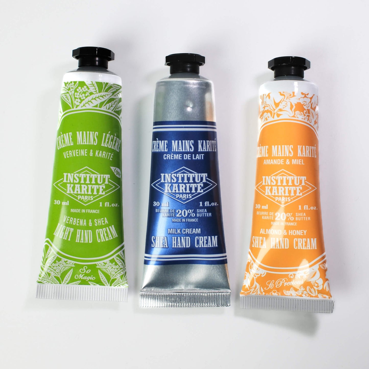 Front view of Milk Cream, Almond & Honey and Verbena Hand Cream Trio by Institut Karité Paris