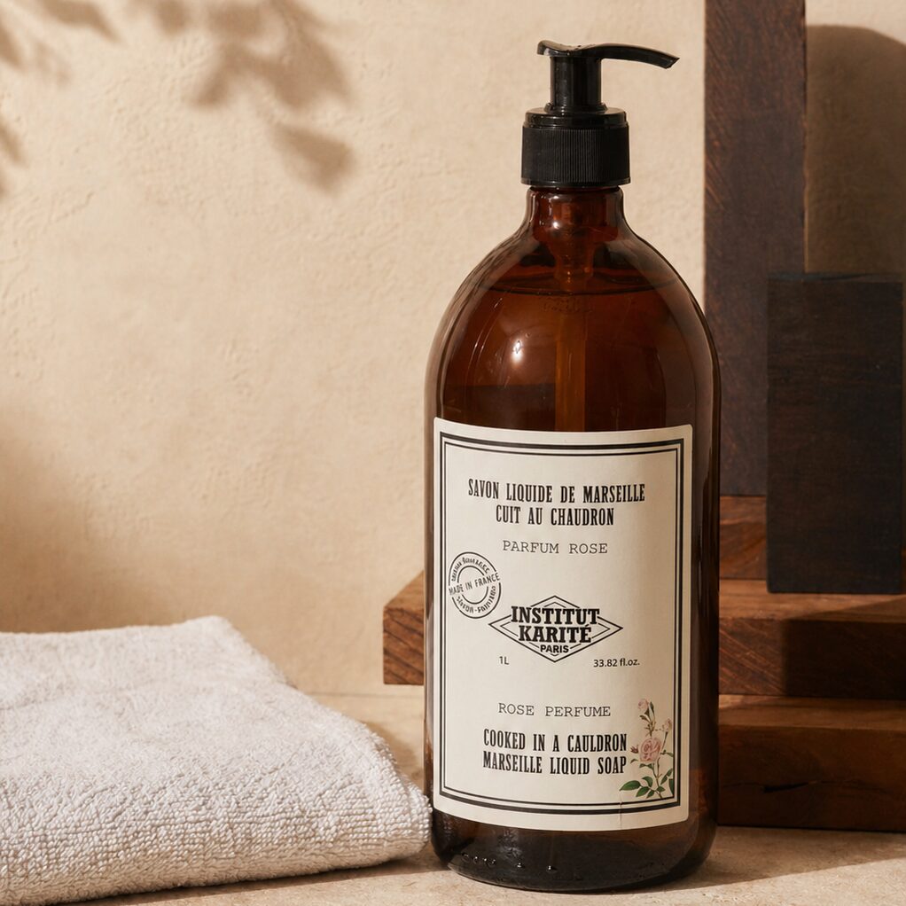 Rose Marseille Liquid Soap 1L bottle beside a folded towel on stone