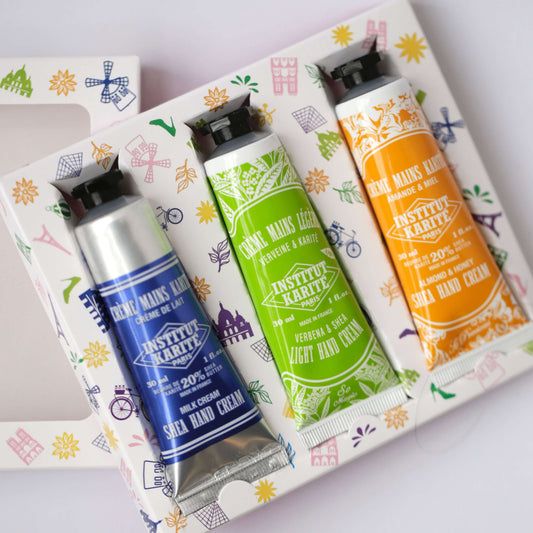 Trio Crèmes Mains Karité · Crème de Lait, Amande & Miel & Verveine